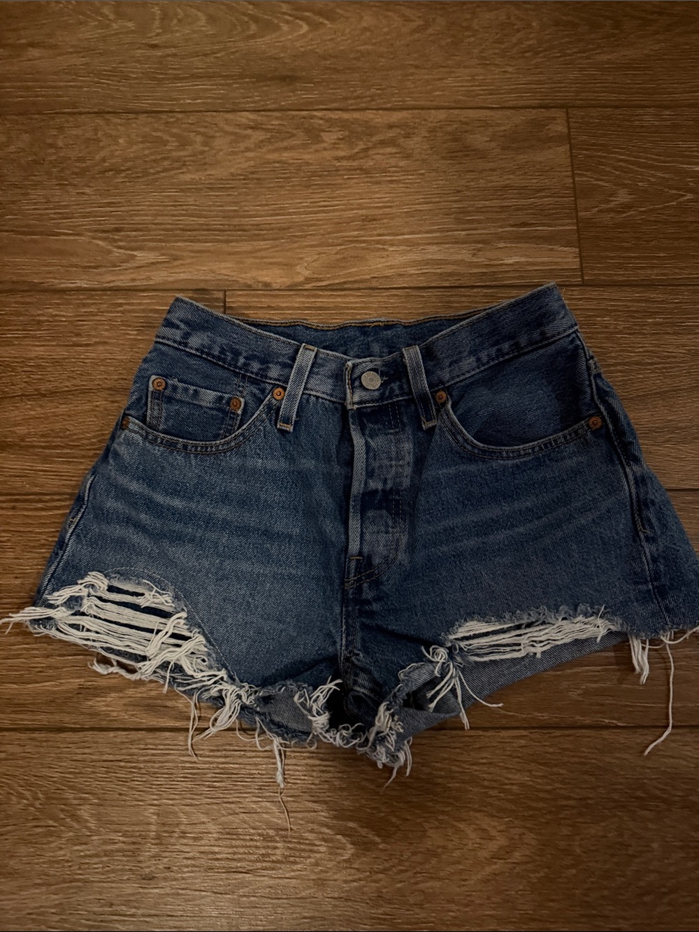 Levi's Dark Blue Distressed Button-Fly Denim Shorts